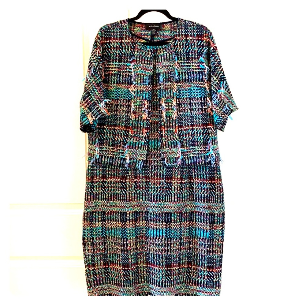 St. John Multicolor Knit Tweed Midi Dress - Black, Blue, Green, Pink